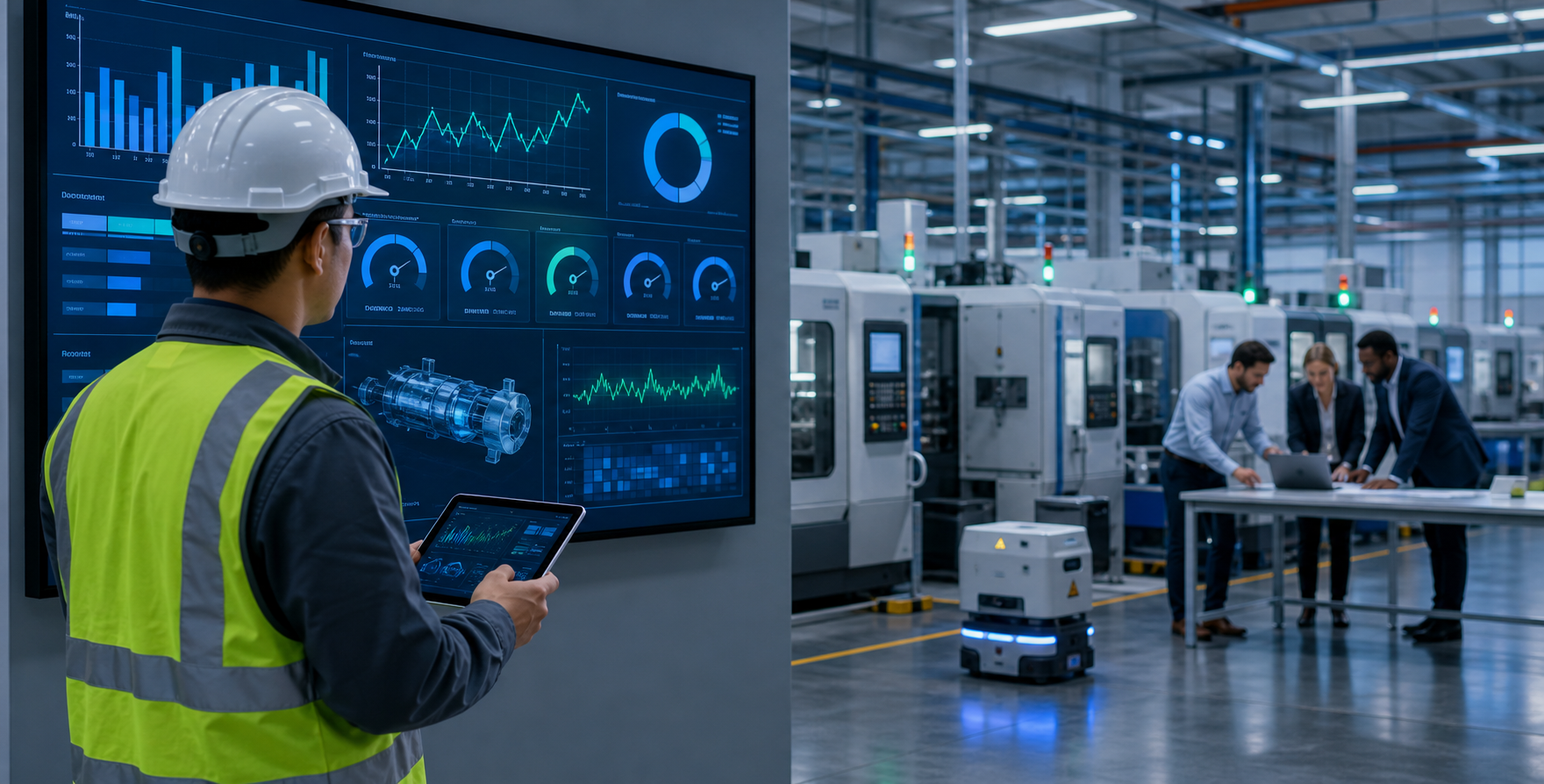 uma fábrica inteligente com IoT, monitoramento em tempo real, um operador com tablet, robô autônomo e uma equipe colaborando ao fundo. 